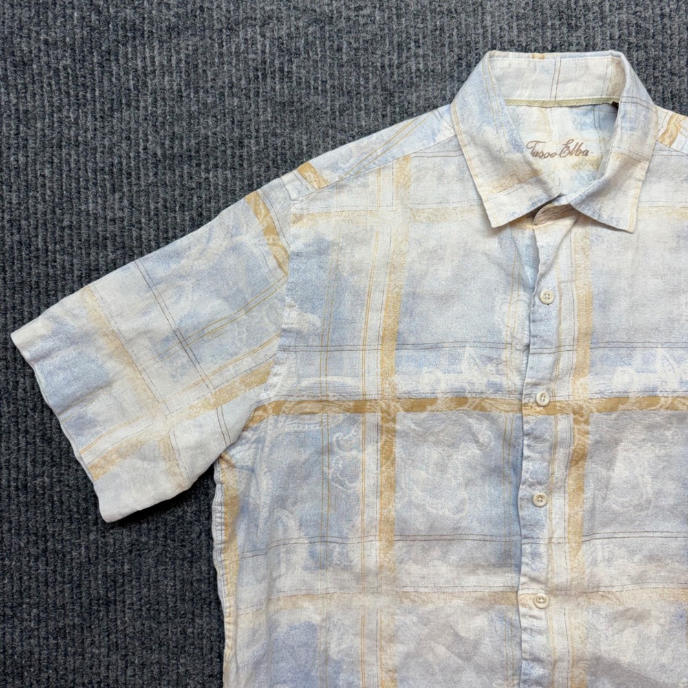 Tasso Elba Plaid‎ Linen Shirt  Light Blue Beige Small Button Down Casual